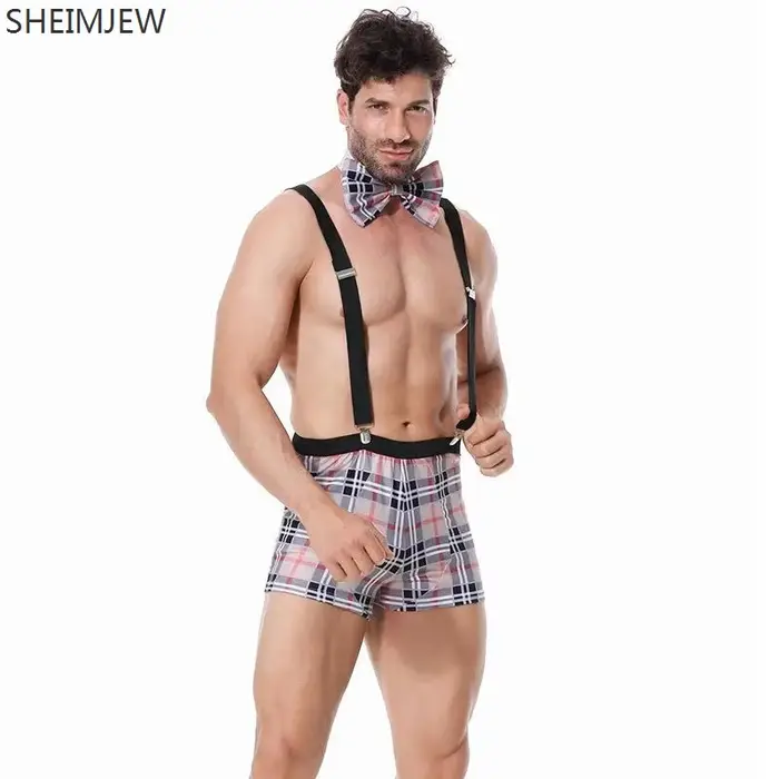 Qqa 2025 Plaid Noir Sexy ​   Costume de serveur de Lingerie, tenue à bretelles, Costumes d'halloween pour hommes, vêtements de club de fête
