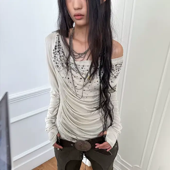 Karrcat Grunge Estetické Mimo Rameno Tričko Trashy Y2k Diamantová Potlač Vintage 2000-tych Roky Streetwear Punk Štýl