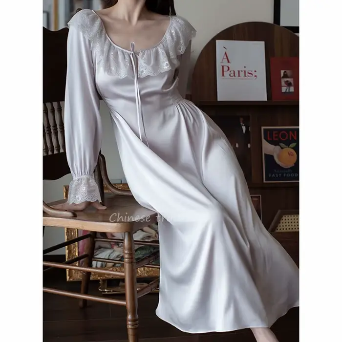Štýlová fialová nočná košeľa, Vintage, Čipka Krk, Nočné oblečenie, Rayon, Satén, S dlhými rukávmi, Spodná bielizeň, Nočné oblečenie