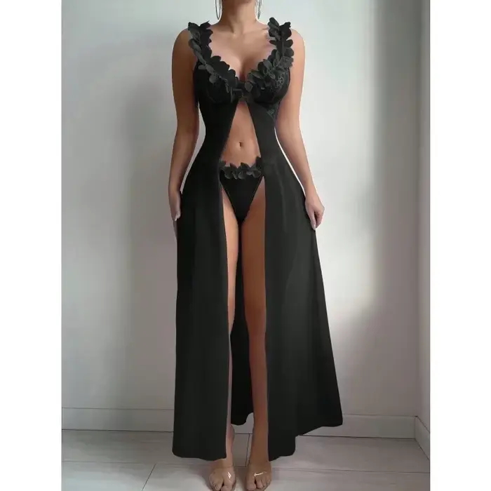 Sexy nočná košeľa čipka Set pre ženu, dlhé šaty štýl, s armatúrou popruhy, priehľadný kvetinový vzor, zvodný dizajn, Bold Cross Strap Set