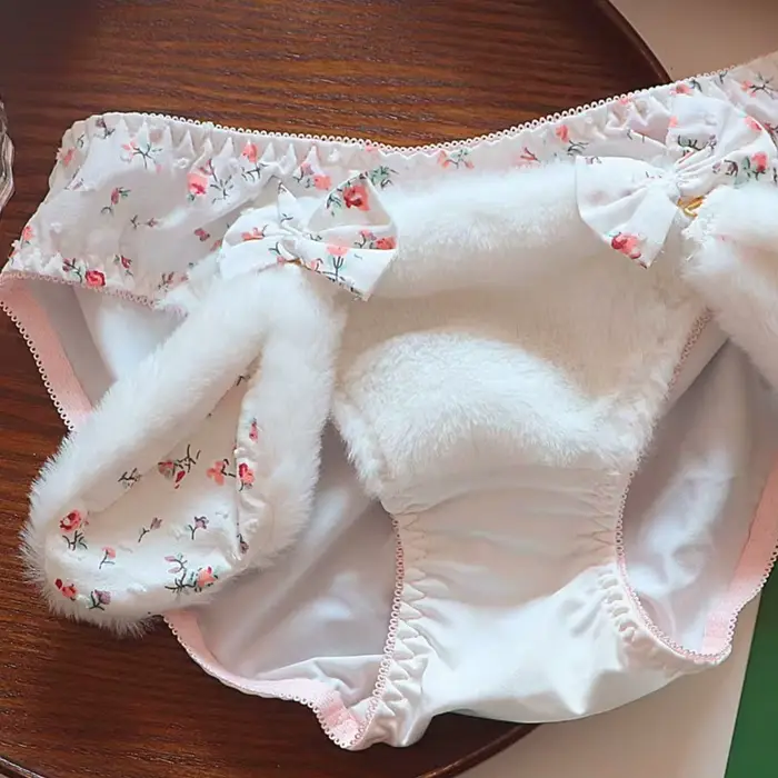 nohavičky v zamatu s králičími ušami a lukom, roztomilý, plyšový, štýl Lolita, pre ženy, mäkký, teplý, s čistým bavlneným rozkrokom, stredná veľkosť
