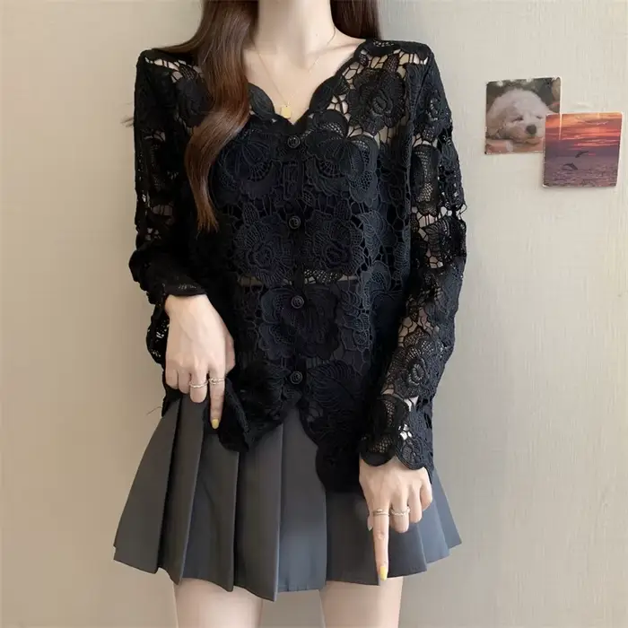Boring Honey veľká veľkosť čipka háčkovanie výstrih do V košeľa s dlhým rukávom pre ženy módny všestranný elegantný