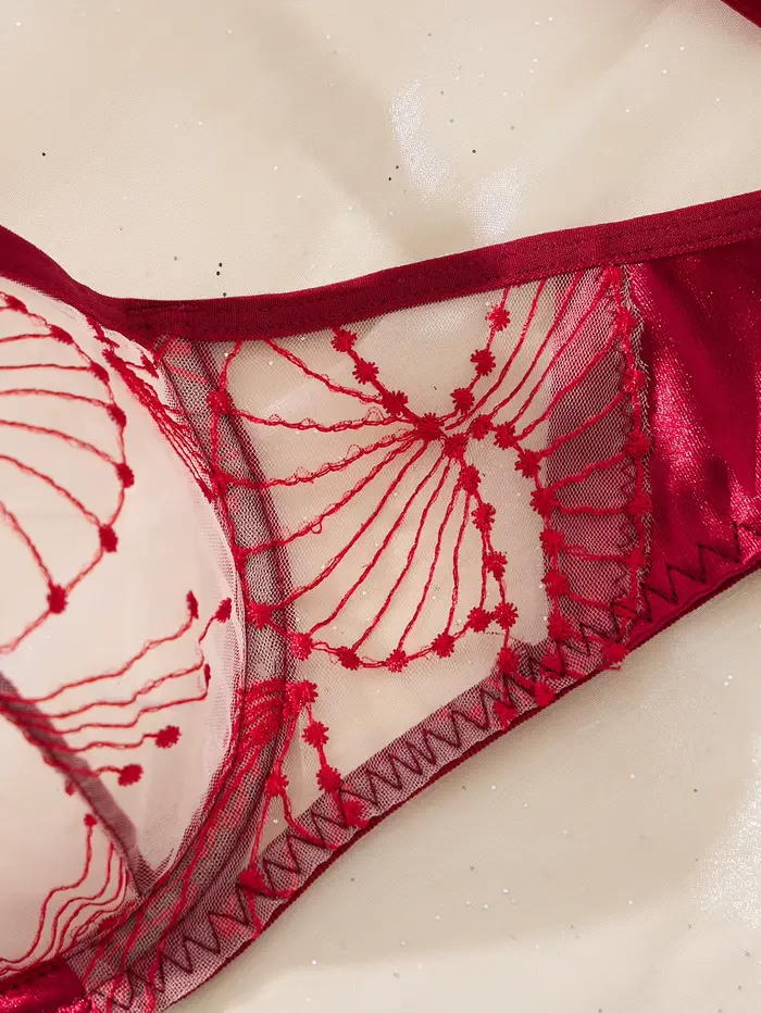 Ensemble de lingerie brodée rouge bordeaux pour la Saint-Valentin - Ensemble de soutien-gorge sexy en maille transparente froncée en deux pièces ZA825287