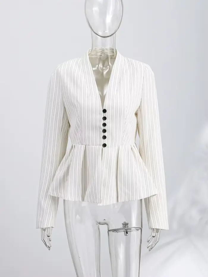 Manteaux élégants à rayures et ourlet plissé pour femmes, col en V, manches bouffantes, taille bouto