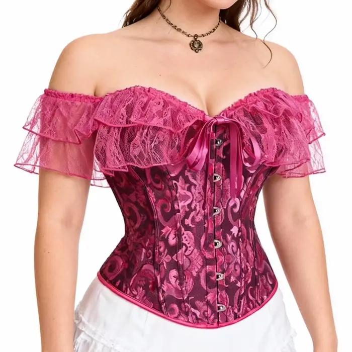 Štýlové žlté žakárové a čipkové korzety, vykostené volániky, sexy top, overbust, vinobranie oblečenie, gotické bustier pre viktoriánske ženy y2k