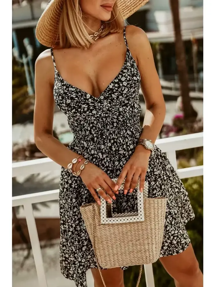 Kvetinové tlačené polyesterové večerné šaty s V-Neck a špagety rukávmi pre ženy - Letné príležitosti