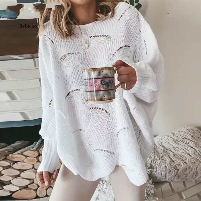 Pull à manches lanternes pour femme, élégant, ample, tricoté, décontracté, col ras du cou, couleur u