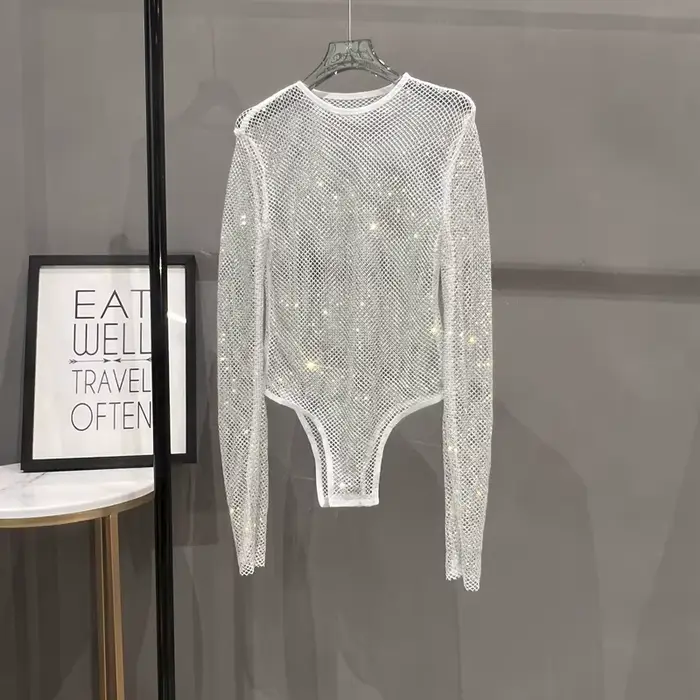 Combinaison en résille à paillettes brillantes, Sexy, transparente, à la mode, pour dames, boîte de 