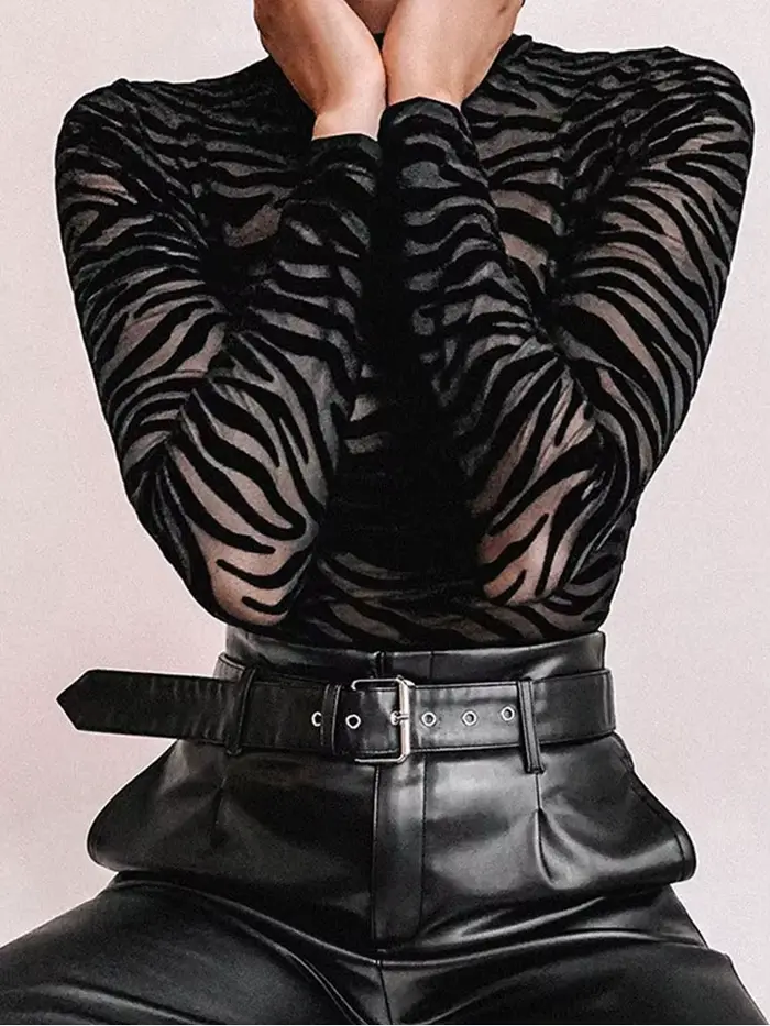 Sexy kombinéza v priehľadnej čiernej sieti, dlhé rukávy, štíhly, pruhovaný, vysoký golier, ležérne romper pre ženy, Party body, Club