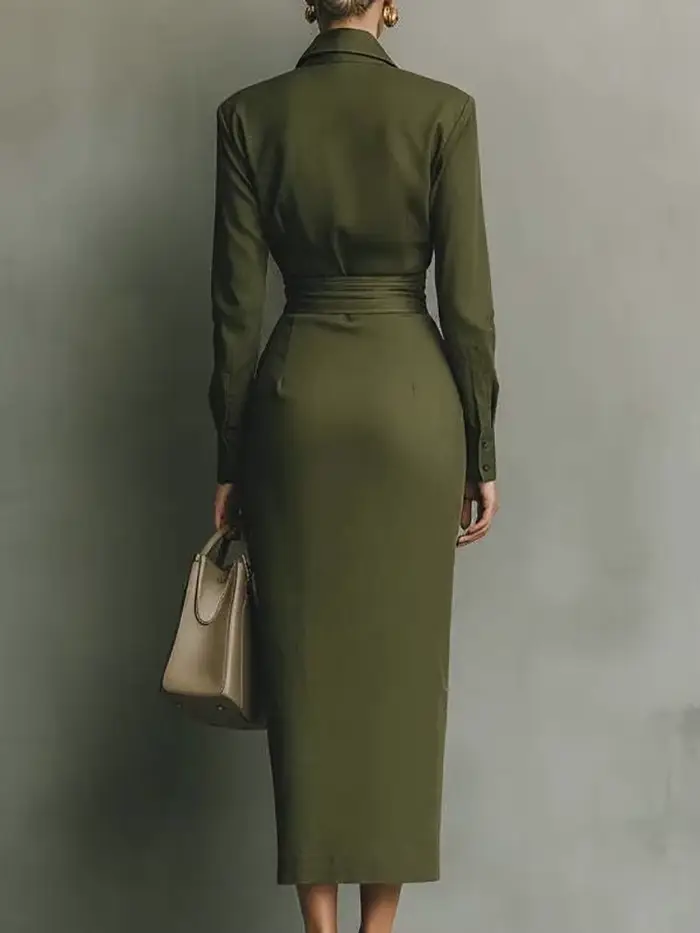 Elegantné pevné jarné a jesenné šaty s golierom na preklopenie pre ženy