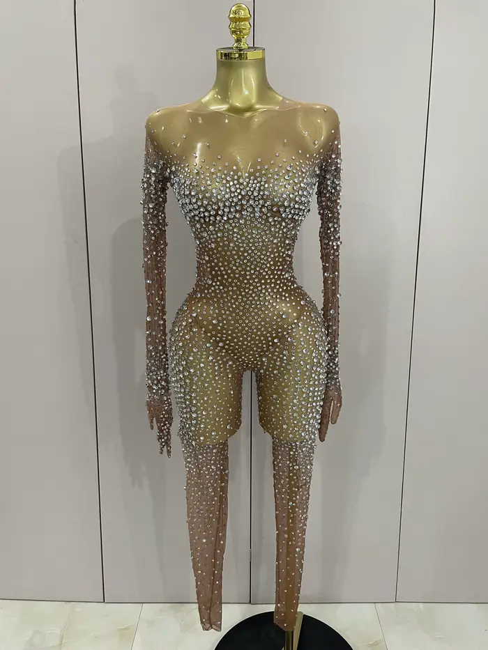Combinaison de luxe en maille transparente pour femmes, strass scintillants, Sexy, moulante, robe d'
