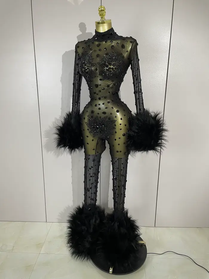 Luxusné čierne diamantové sieťované priehľadné elastické body s dlhým rukávom pre ženy Sexy Performance spevák Cos