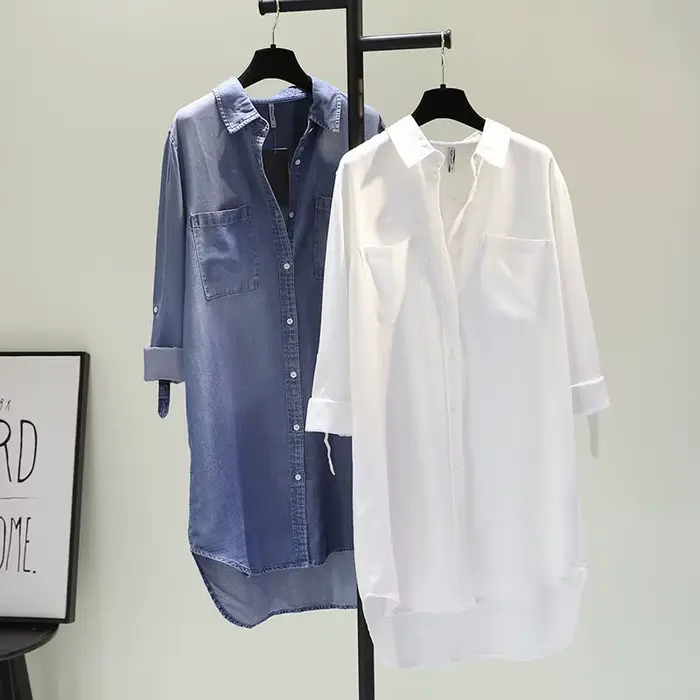 Chemise mi-longue contenant du coton pour femmes, vêtements à la mode, coupe ample, manches longues,