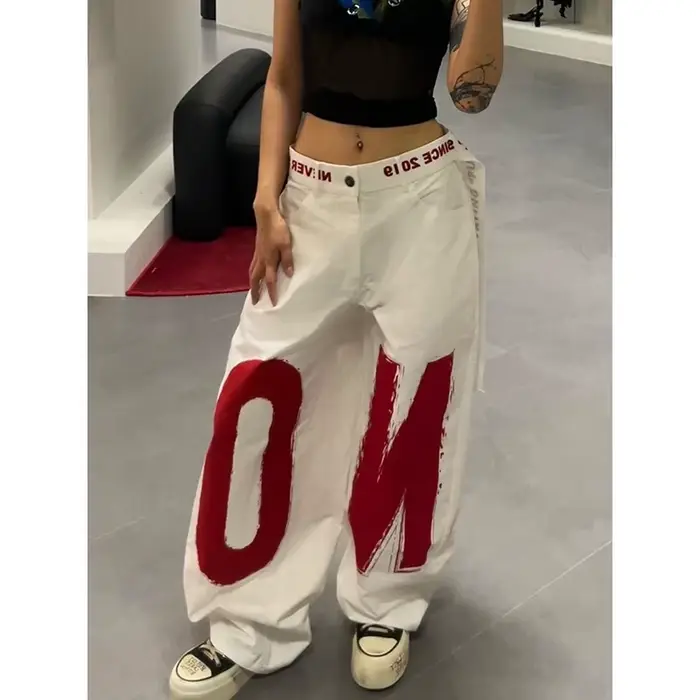 ZHIZOU dámske biele nohavice s potlačou písmen Y2k Baggy džínsy 2000s štýl Denim