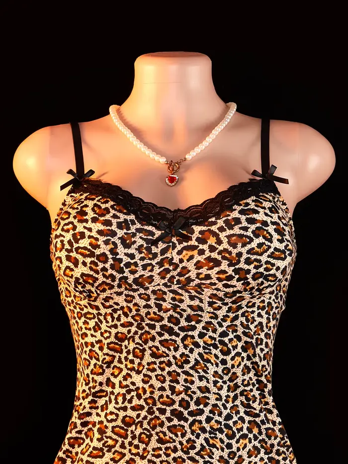 Sexy Leopard Print V-Neck čipka nočná košeľa pre ženy Letné romantické večery