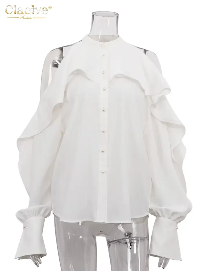 ClacMarkets-Chemise à manches longues à col rond pour femmes, haut à volants classique, vêtements fé