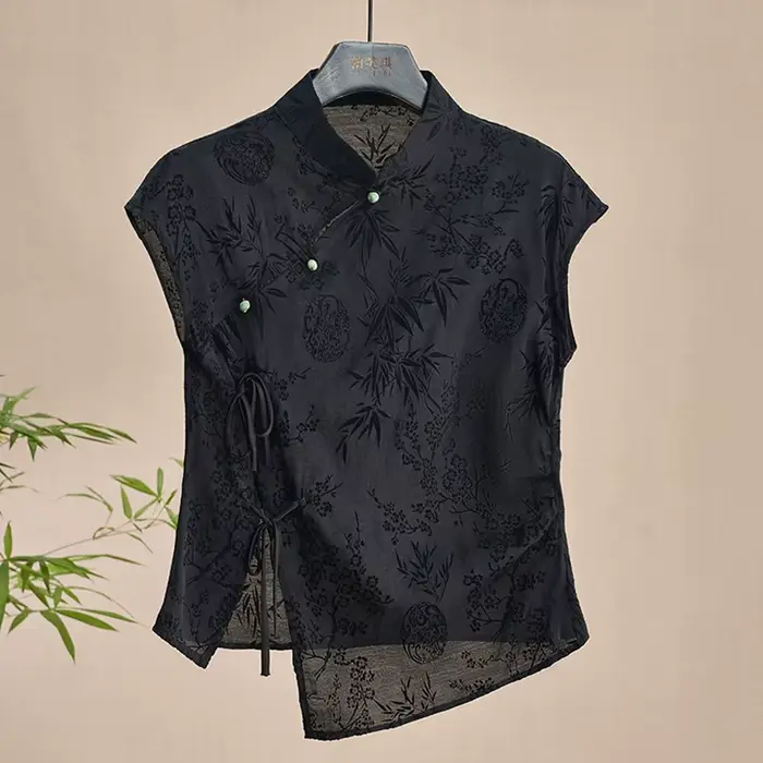 Jemná retro košeľa v novom čínskom štýle Cheongsam top čierny žakárový T-shirt s krátkym rukávom letný zrelý módny odev