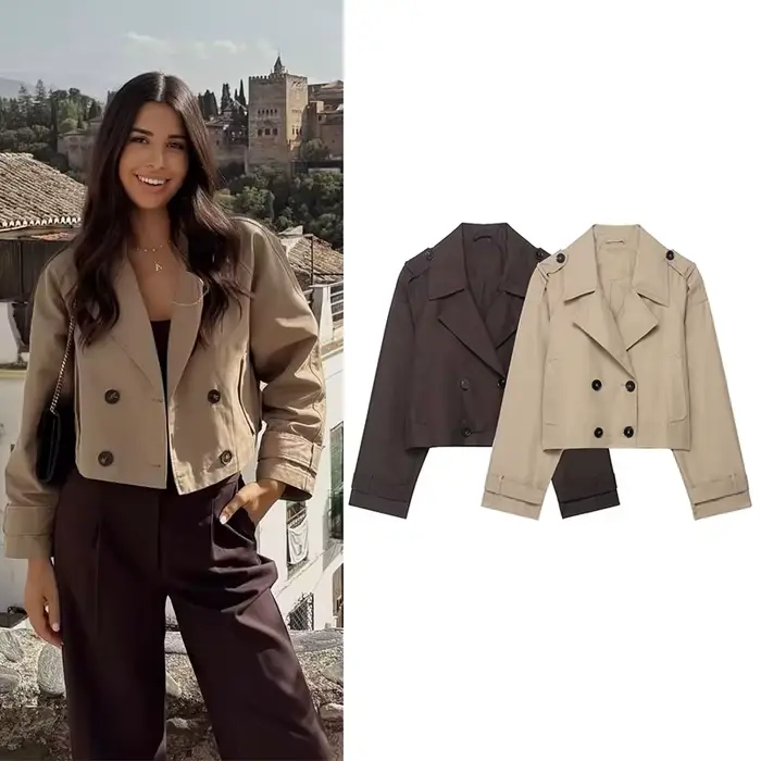 Trench-Coat court à Double boutonnage pour femmes, col rabattu, manches longues, manteaux Vintage, v