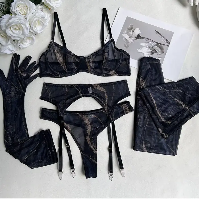 Echonight Tie Dye Lingerie sensuelle sous-vêtements en dentelle avec bas gants longs voir à travers 