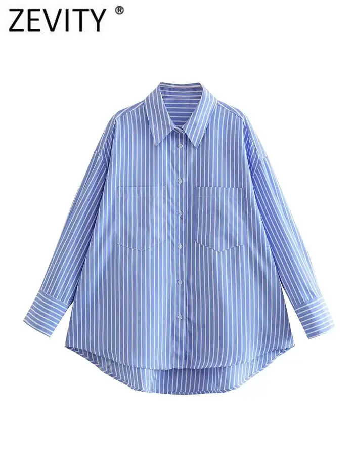 Zevity femmes mode blanc bleu rayé imprimé chemise ample bureau dame Double poche Patch Smock Blouse