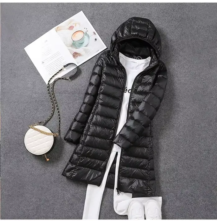 Veste de printemps ultralégère et fine pour femme, longue, pliable, chapeau détachable, jupe cintrée