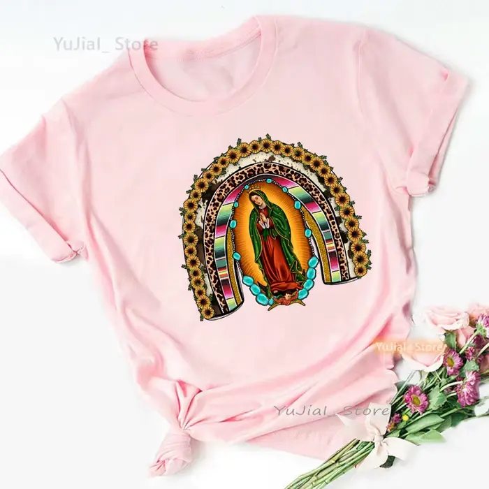Léopard vierge marie Guadalup imprimer t-shirt filles mode d'été jésus rose t-shirt femmes Harajuku 
