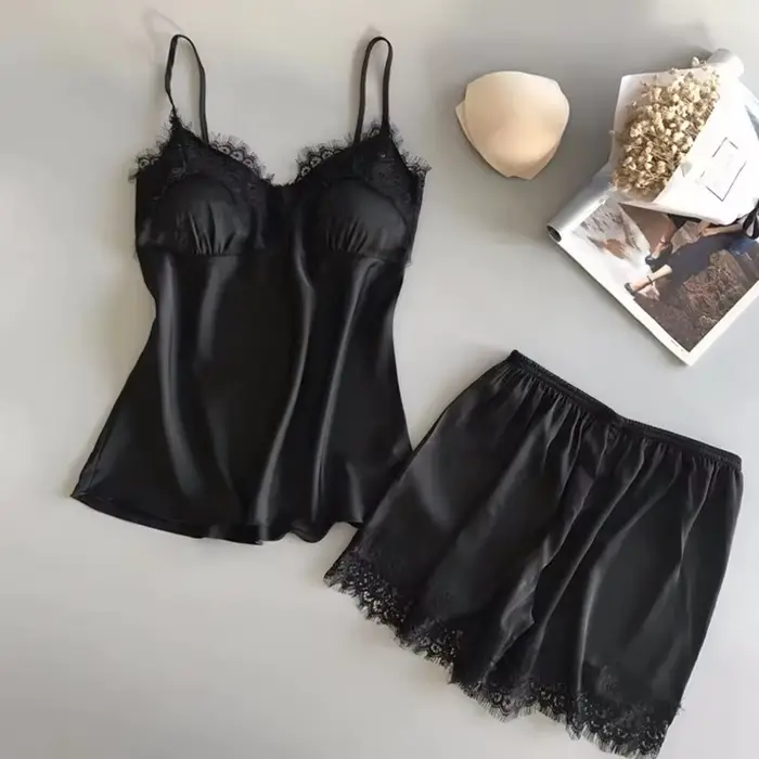 V-neck saténové pyžamo set pre ženy, čipka nočná košeľa, sexy spodná bielizeň, motýlik nočná košeľa, šortky nočná košeľa, nočné oblečenie, móda