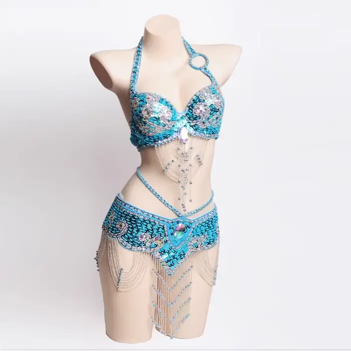 Sexy nočný kostým pre dievčatá, ručne vyrábané korálkové brušné tanečné kostýmy, podprsenka a opasok, sada 2 kusov pre ženy, karnevalové tanečné oblečenie