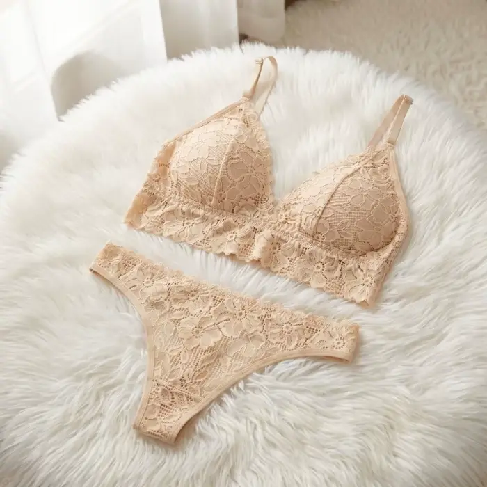 Kvetinová čipka podprsenka a nohavičky set, V-neck, jednofarebné, nízky pás, kvetinové tangá, dámske spodná bielizeň