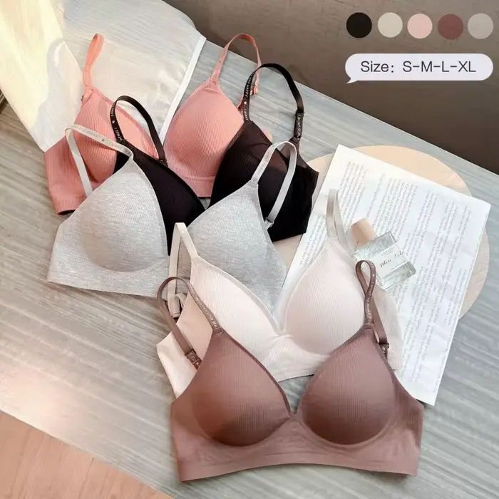 Soutien-gorge sans armatures côtelé pour femmes, bretelles réglables à imprimé lettres, bralette avec coussinets amovibles, sous-vêtement doux, lingerie quotidienne, tailles S-XL