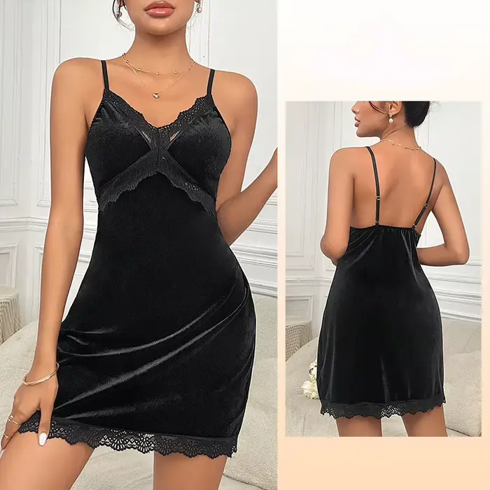 nočná košeľa v zamatovej farbe pre ženy, sexy nočná košeľa v hlbokej V, čipka patchwork, sukňa bez ramienok, bez chrbta, nastaviteľné popruhy