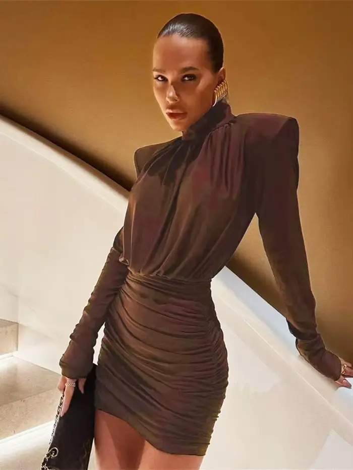 Nibber Klasický Rolák Šaty Ženy Vystužené Rameno Nabírané Sexy Kancelária Dochádzanie Jednoduché Broskyňa Bedrá Skinny Elegantný Mini
