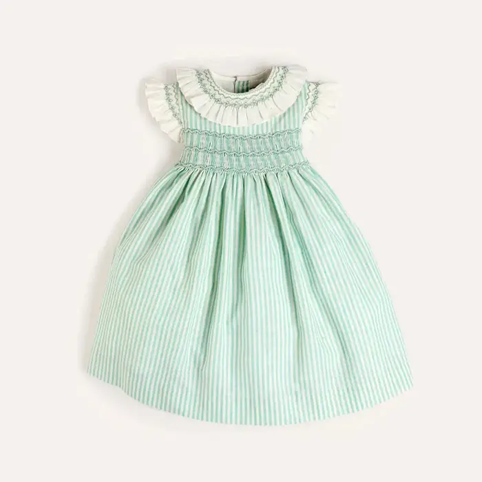 Robes d'été élégantes sans manches pour filles, couleur verte, rayées, avec col smocké à volants fai