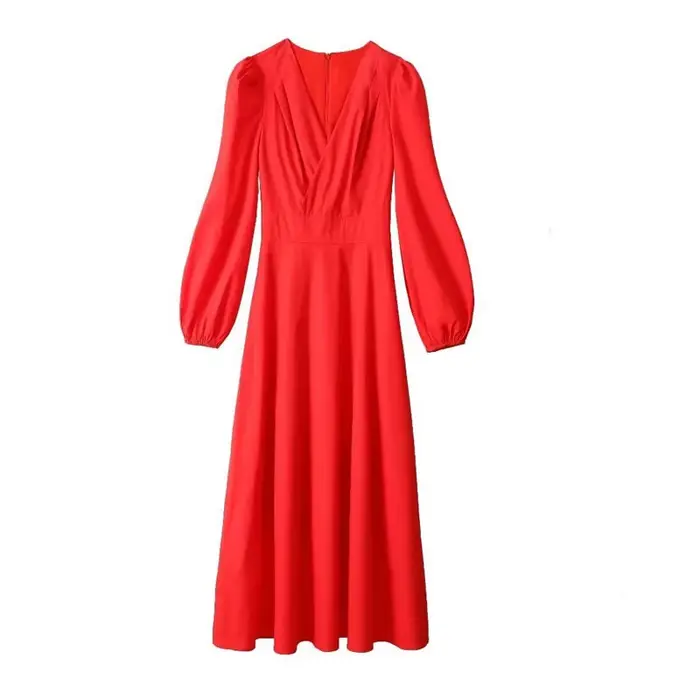 Robes trapèze élégantes col en V à manches longues, robe unie rouge princesse Kate