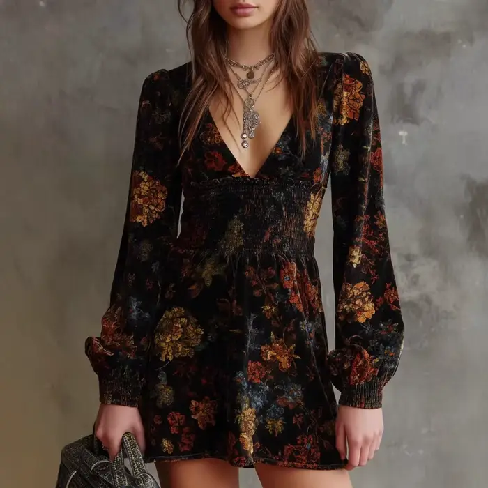 Robe Vintage élégante en velours imprimé Floral, col en v, taille Sexy, manches longues, ligne a, lanterne noire, robe de nuit Chic