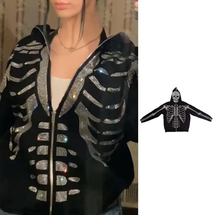 Sweat à capuche avec fermeture éclair complète pour femme, sweat-shirt avec imprimé squelette d'hall