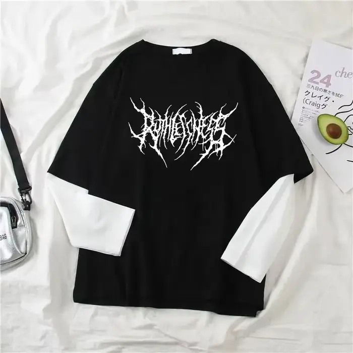 Punk štýl tmavý potlačený okrúhly výstrih Y2K športové Harajuku tričko pre ženy dlhý rukáv voľné