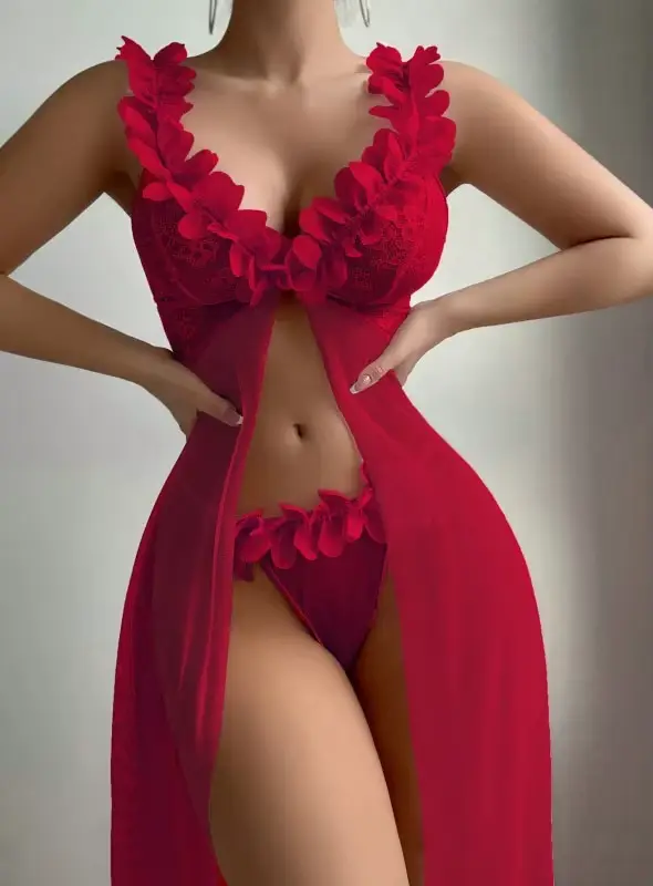 3D kvetinová čipka nočná košeľa pre ženy, nastaviť nočná košeľa + tangá, intímne oblečenie, spálňové oblečenie, nočné oblečenie Combo