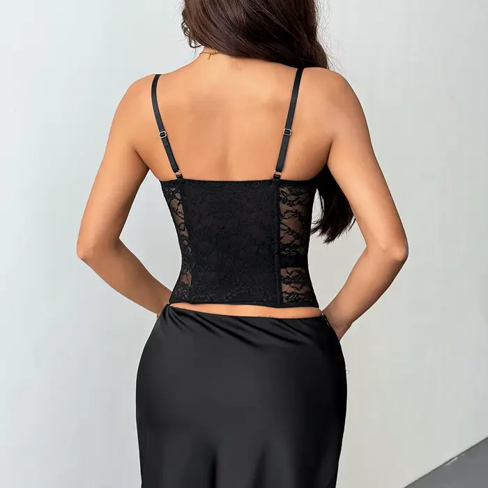 Čierna čipka bez ramienok korzet pre ženy s odnímateľnými popruhmi, srdce výstrih, priehľadný oka, vhodné pre clubwear