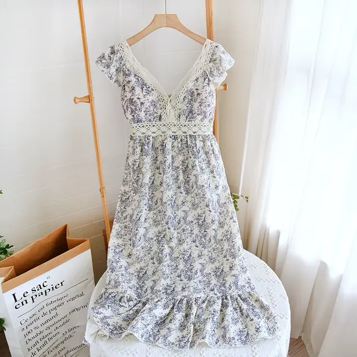 Robe de nuit en fibre de coton pur pour femmes, vêtements de nuit à col en V, vêtements de nuit pour la maison, pyjama d'été