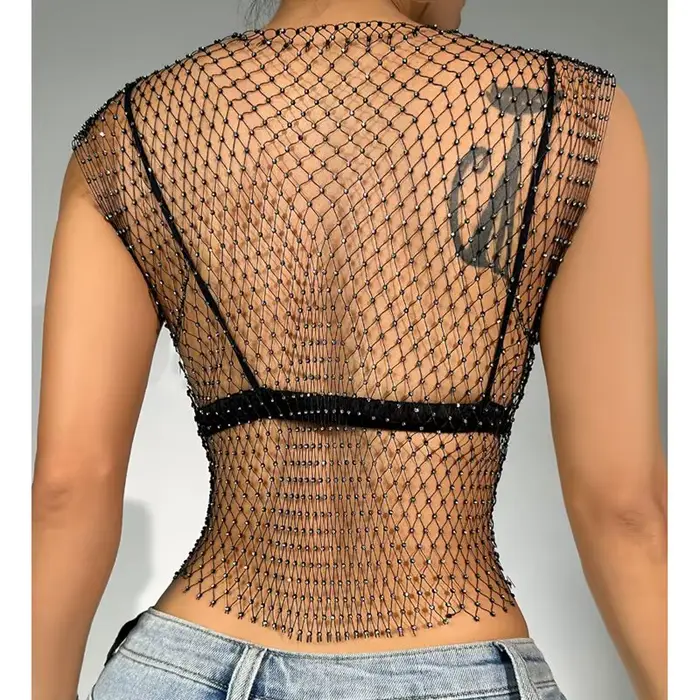 Haut court en résille pour femmes, Sexy, strass brillants, débardeur Y2K, transparent, Cover-Up pour