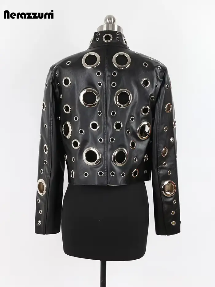 Nerazzurri-Veste courte en cuir PU évidée pour femme, Rivet, Cool mn fraîchement Designer Clothes, R