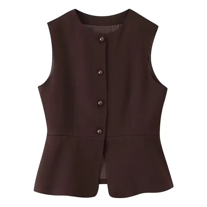 ETJ automne 2025 femmes élégant mode couleur unie col rond gilet tempérament polyvalent bouton up gi