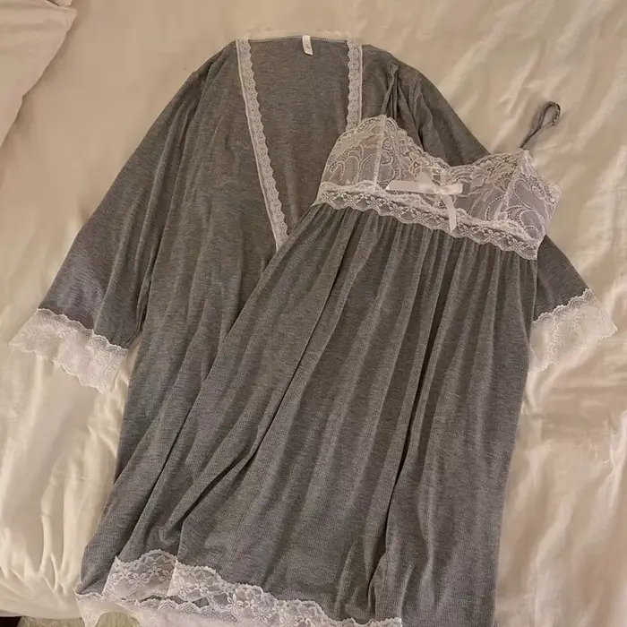 Modalová nočná košeľa pre ženy jeseň zima dvojdielny set s čipkou Sexy s dlhými rukávmi pohodlné domáce oblečenie pre dámy