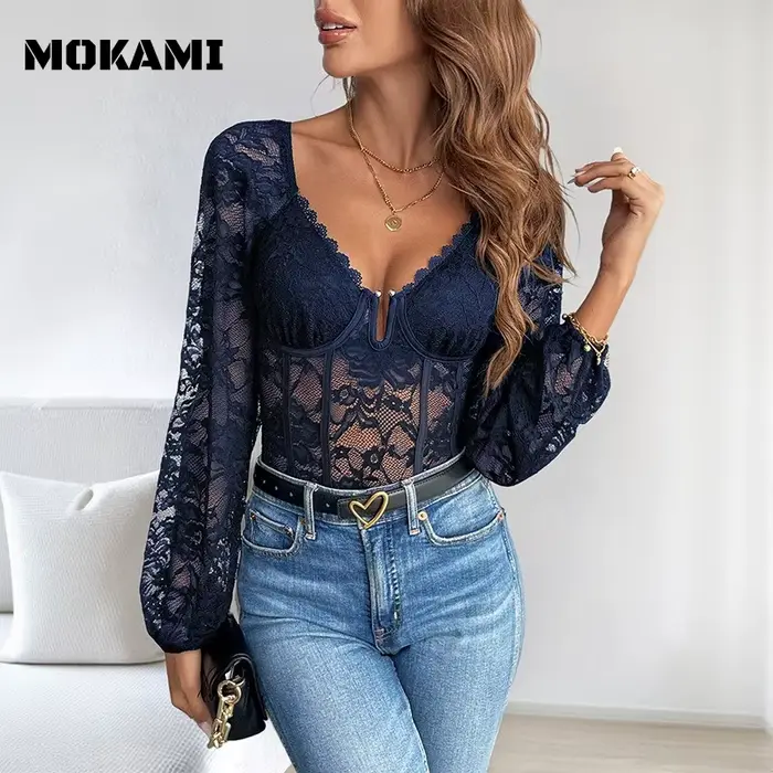 Nové Sexy čipka telo pre ženy, V-neck, čipka hranice, tvarovanie pohár, základné prekrytie Top, európsky a americký štýl, Dámske body