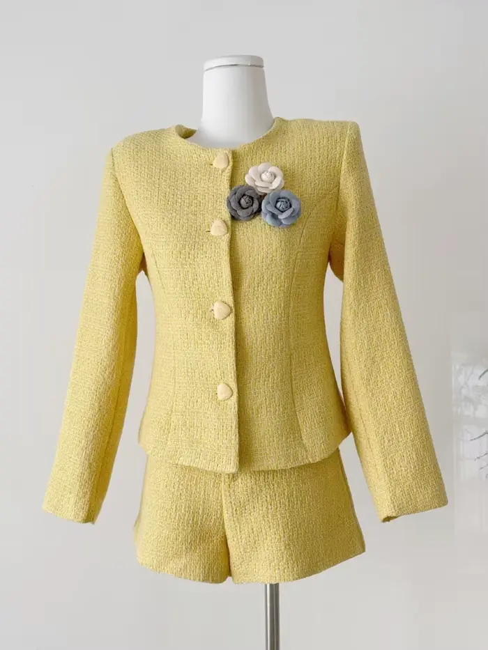 Haut de gamme élégant femme Tweed veste manteau + taille haute Shorts ensemble femmes français mince