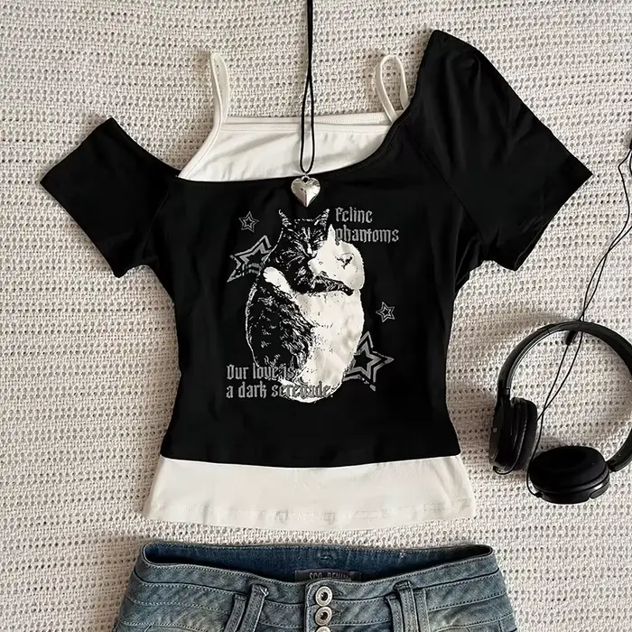 Estetické Goth Netopier List Y2K Štýl Dvojdielne Tričko Krátky Rukáv Vesta Harajuku Streetwear Traky Dámske Oblečenie