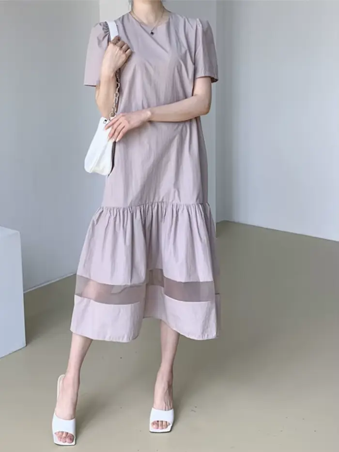 Robe mi-longue en dentelle noire pour femmes, pull plissé à volants, robes de bureau décontractées p
