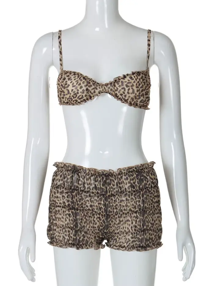 Ensemble sexy 2 pièces à volants imprimé léopard pour femme, soutien-gorge camis, culotte taille bas
