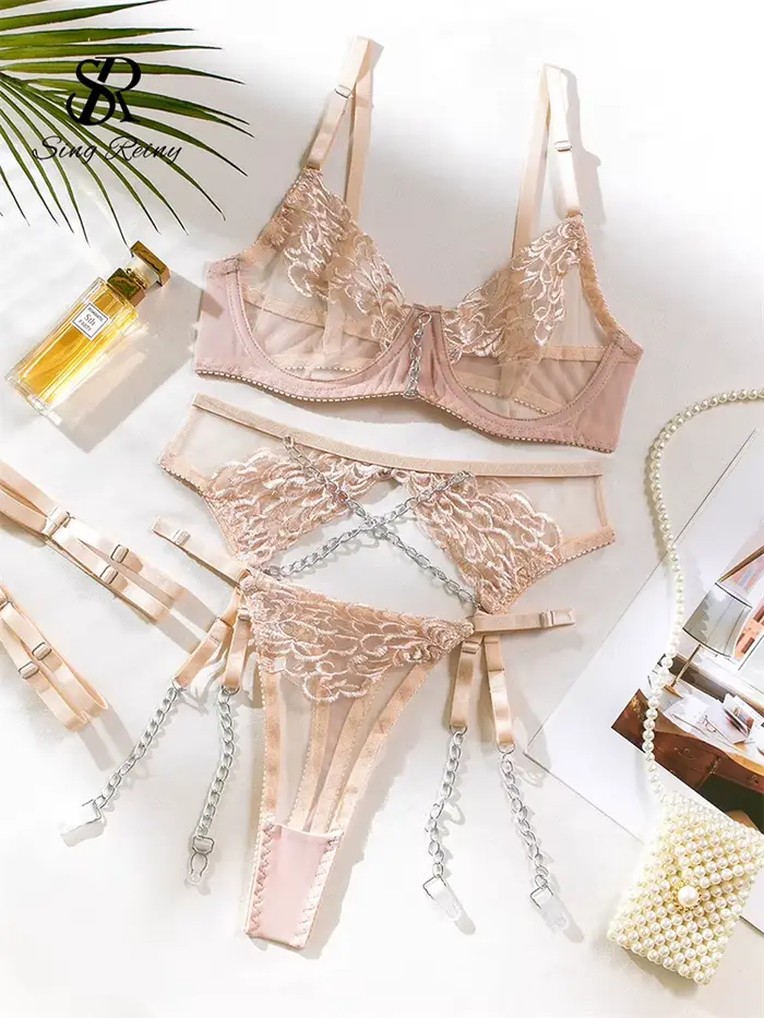 SINGREINY výšivka priehľadný Spodná bielizeň kostým dámy Kvetinové Shapewear Porno Americký štýl reťazec dizajn čistý erotické spodné prádlo